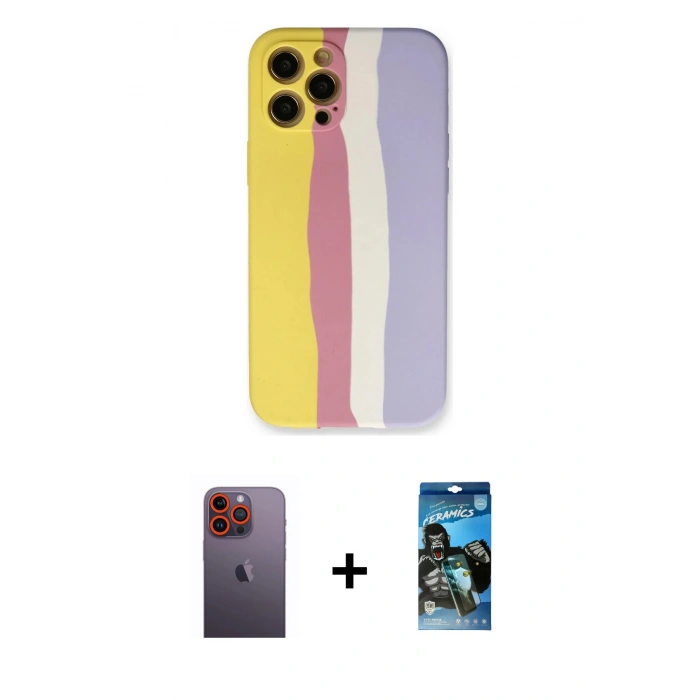 MARSİLYAN™- iPhone 12 Pro Max Kılıf Yadigar Çizgi - Siyah 34D Izgaralı Cam + Neon Fosforlu Kamera Lens - TU