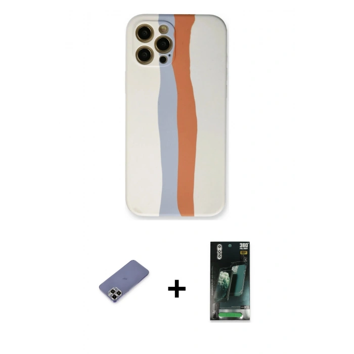 MARSİLYAN™- iPhone 12 Pro Max Kılıf Yadigar Çizgi - Siyah 360 Mat Full Body Arka Koruyucu + Metal Kamera Lens Koruma Cam - GD