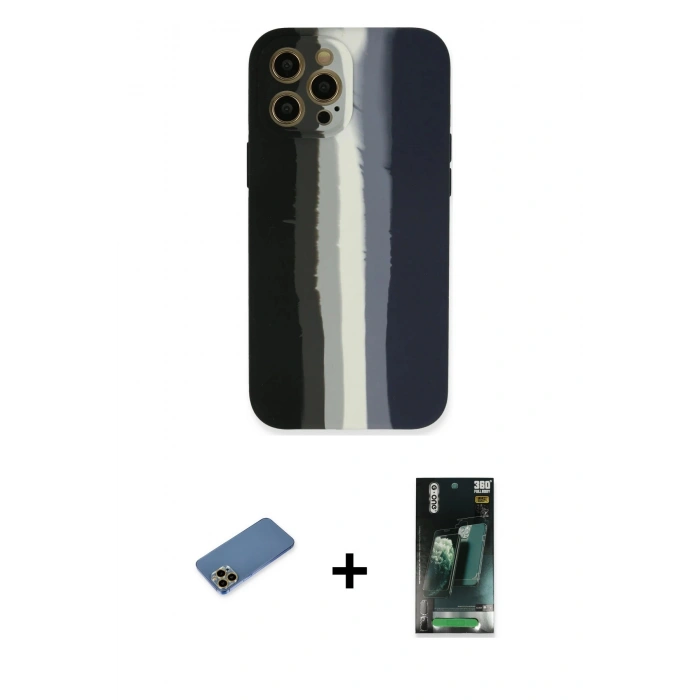 MARSİLYAN™- iPhone 12 Pro Max Kılıf Yadigar Çizgi - Siyah 360 Mat Full Body Arka Koruyucu + Shine Kamera Lens Koruma Cam - GD