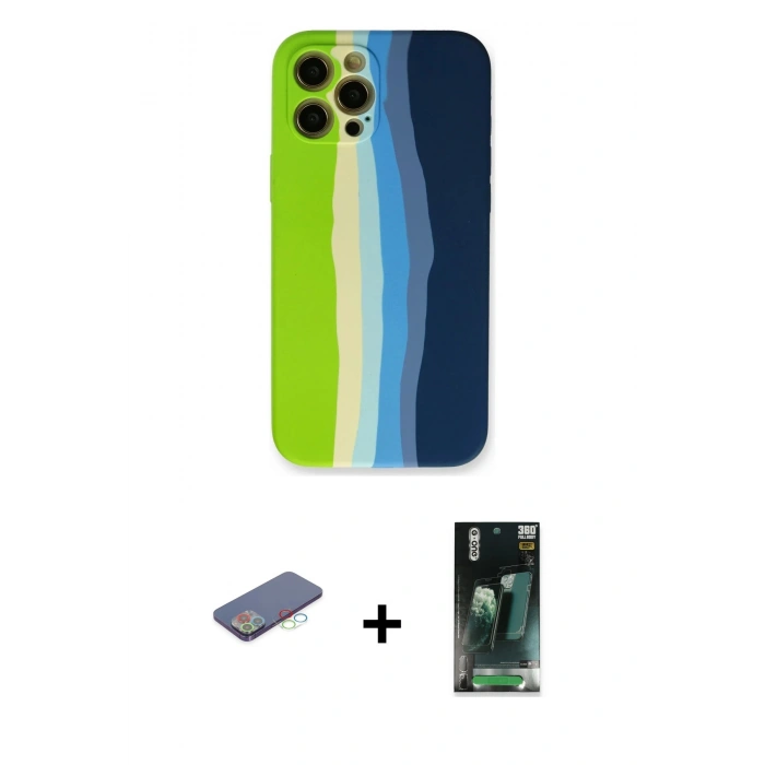 MARSİLYAN™- iPhone 12 Pro Max Kılıf Yadigar Çizgi - Siyah 360 Mat Full Body Arka Koruyucu + Mavi Renkli Kamera Lens Koruma Cam