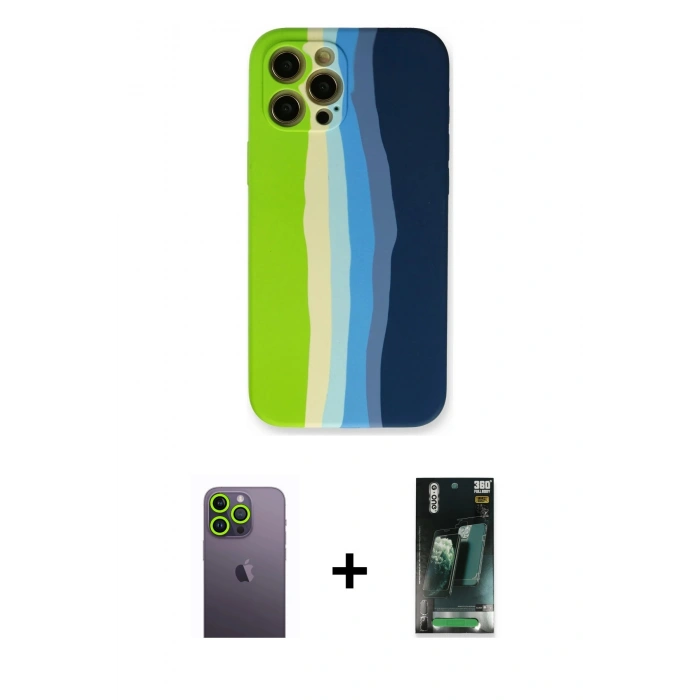 MARSİLYAN™- iPhone 12 Pro Max Kılıf Yadigar Çizgi - Siyah 360 Mat Full Body Arka Koruyucu + Neon Fosforlu Kamera Lens - YL