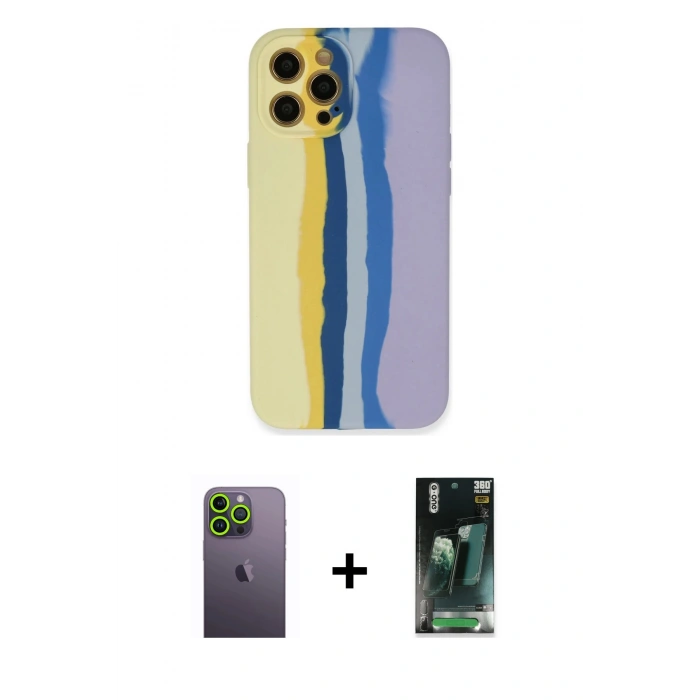 MARSİLYAN™- iPhone 12 Pro Max Kılıf Yadigar Çizgi - Siyah 360 Mat Full Body Arka Koruyucu + Neon Fosforlu Kamera Lens - YL