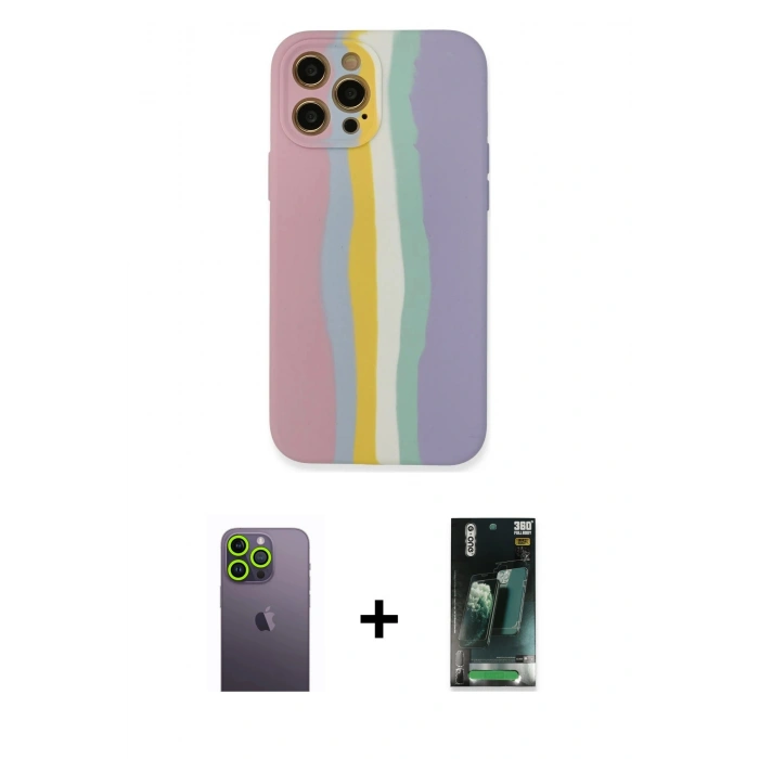 MARSİLYAN™- iPhone 12 Pro Max Kılıf Yadigar Çizgi - Siyah 360 Mat Full Body Arka Koruyucu + Neon Fosforlu Kamera Lens - YL