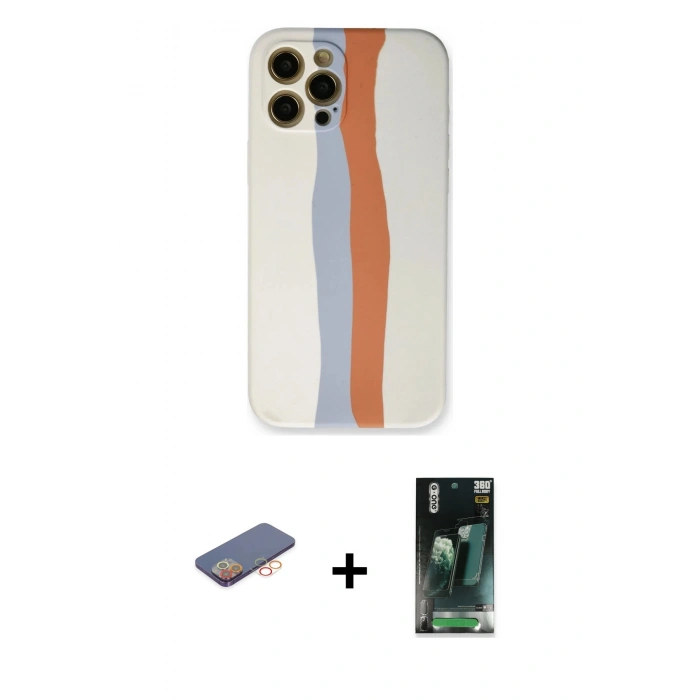 MARSİLYAN™- iPhone 12 Pro Max Kılıf Yadigar Çizgi - Siyah 360 Mat Full Body Arka Koruyucu + Renkli Kamera Lens Koruma Cam - TU