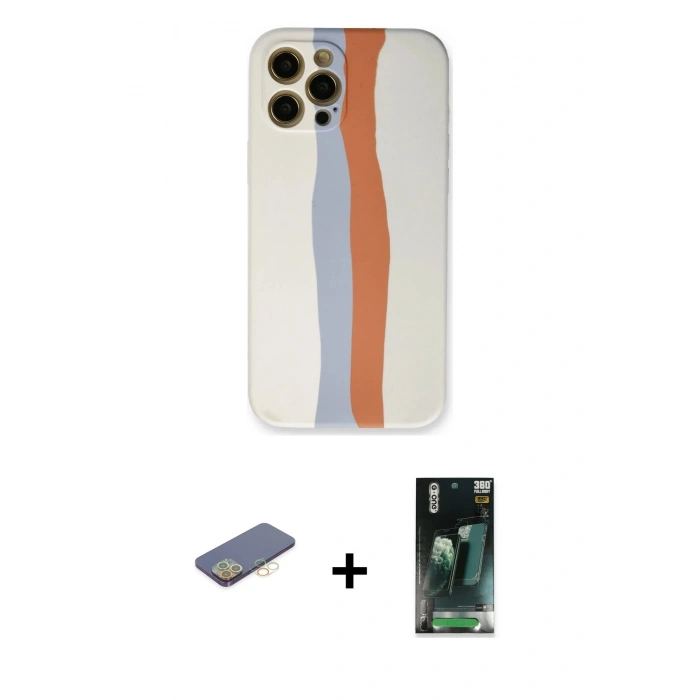 MARSİLYAN™- iPhone 12 Pro Max Kılıf Yadigar Çizgi - Siyah 360 Mat Full Body Arka Koruyucu + Renkli Kamera Lens Koruma Cam - SI