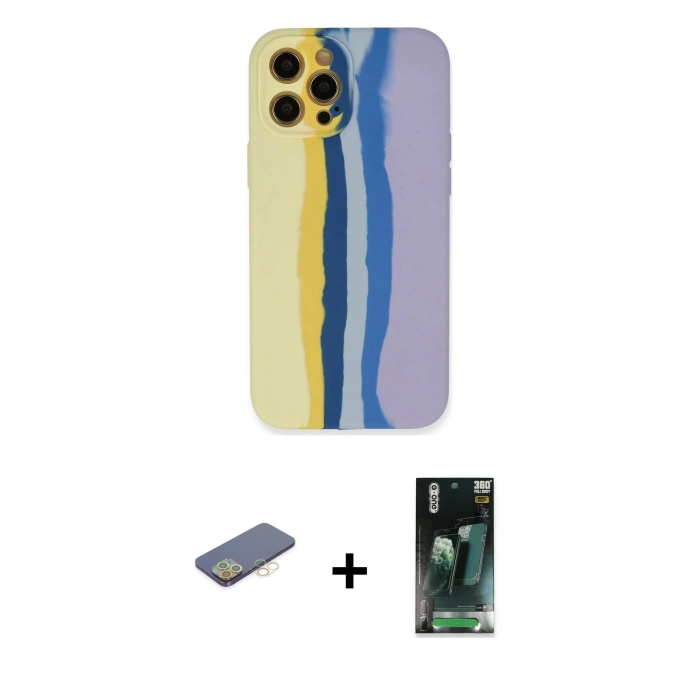 MARSİLYAN™- iPhone 12 Pro Max Kılıf Yadigar Çizgi - Siyah 360 Mat Full Body Arka Koruyucu + Renkli Kamera Lens Koruma Cam - SI