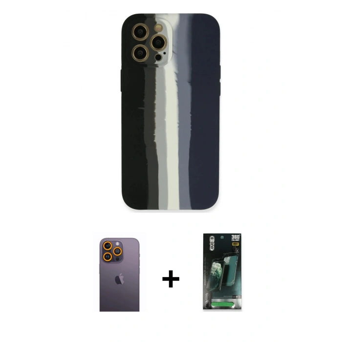 MARSİLYAN™- iPhone 12 Pro Max Kılıf Yadigar Çizgi - Siyah 360 Mat Full Body Arka Koruyucu + Neon Fosforlu Kamera Lens - SI