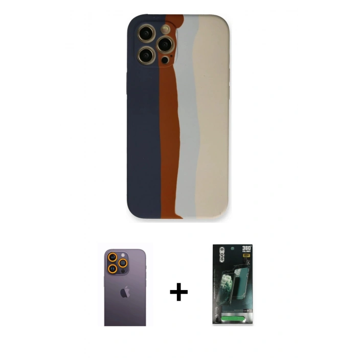 MARSİLYAN™- iPhone 12 Pro Max Kılıf Yadigar Çizgi - Siyah 360 Mat Full Body Arka Koruyucu + Neon Fosforlu Kamera Lens - SI