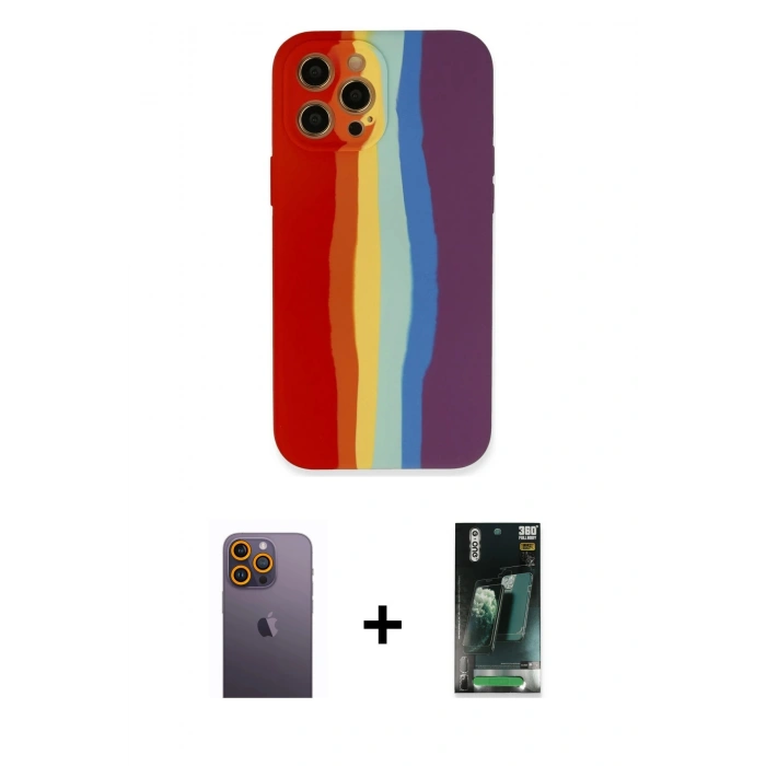 MARSİLYAN™- iPhone 12 Pro Max Kılıf Yadigar Çizgi - Siyah 360 Mat Full Body Arka Koruyucu + Neon Fosforlu Kamera Lens - SI
