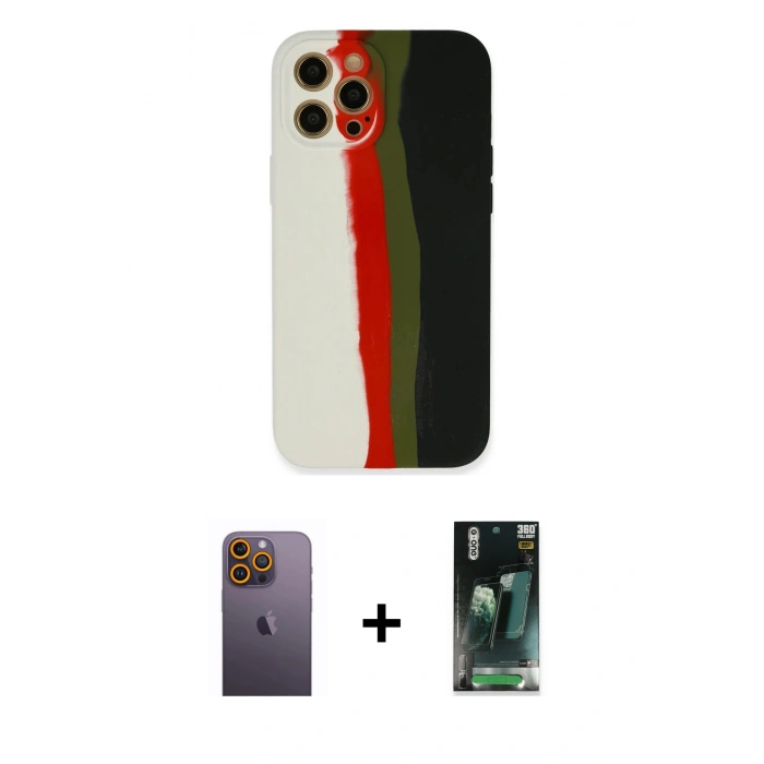 MARSİLYAN™- iPhone 12 Pro Max Kılıf Yadigar Çizgi - Siyah 360 Mat Full Body Arka Koruyucu + Neon Fosforlu Kamera Lens - SI