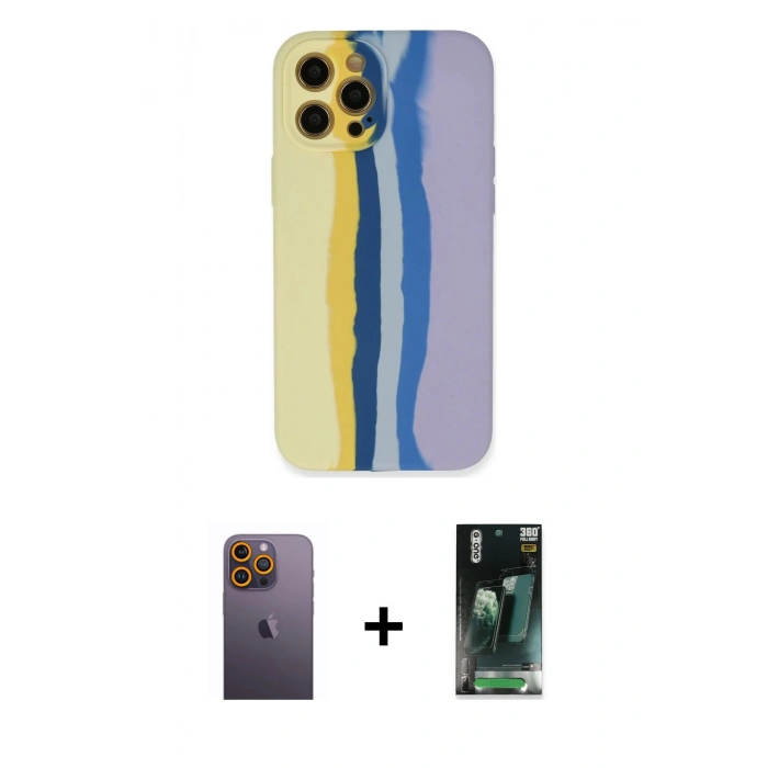 MARSİLYAN™- iPhone 12 Pro Max Kılıf Yadigar Çizgi - Siyah 360 Mat Full Body Arka Koruyucu + Neon Fosforlu Kamera Lens - SI