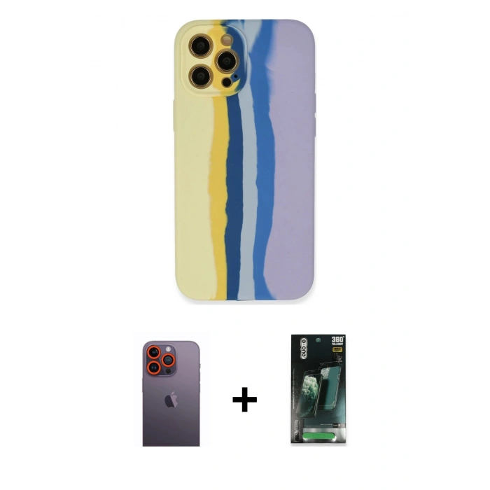 MARSİLYAN™- iPhone 12 Pro Max Kılıf Yadigar Çizgi - Siyah 360 Mat Full Body Arka Koruyucu + Turuncu Neon Fosforlu Kamera Lens
