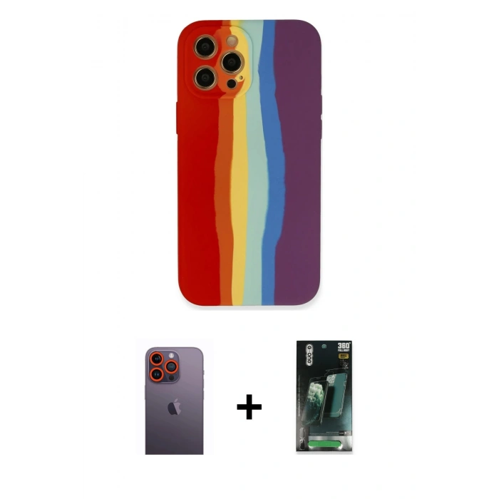 MARSİLYAN™- iPhone 12 Pro Max Kılıf Yadigar Çizgi - Siyah 360 Mat Full Body Arka Koruyucu + Turuncu Neon Fosforlu Kamera Lens