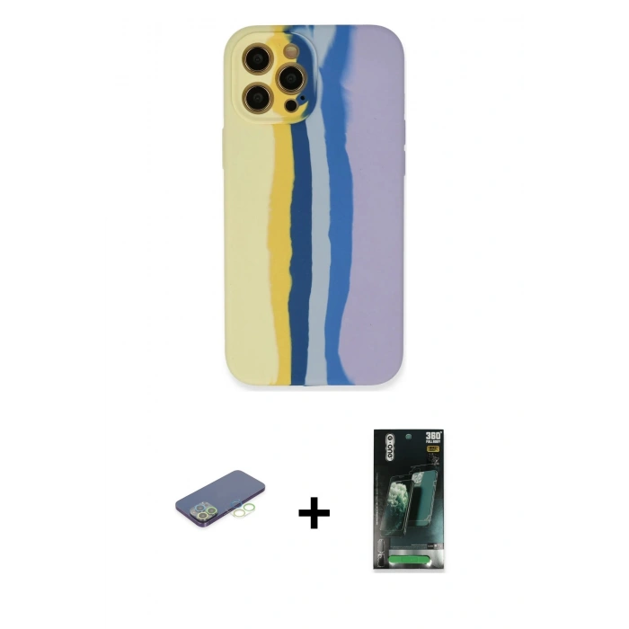 MARSİLYAN™- iPhone 12 Pro Max Kılıf Yadigar Çizgi - Siyah 360 Mat Full Body Arka Koruyucu + Renkli Kamera Lens Koruma Cam - YL