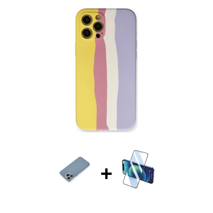 MARSİLYAN™- iPhone 12 Pro Max Kılıf Yadigar Çizgi - Siyah 3D Antistatik Cam Ekran Koruyucu + Shine Kamera Lens Koruma Cam - GI