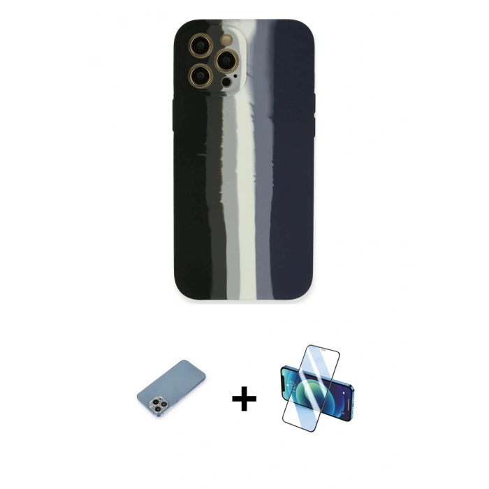 MARSİLYAN™- iPhone 12 Pro Max Kılıf Yadigar Çizgi - Siyah 3D Antistatik Cam Ekran Koruyucu + Shine Kamera Lens Koruma Cam - GI