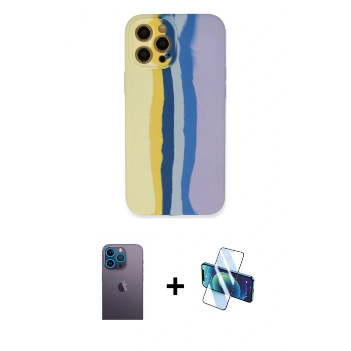 MARSİLYAN™- iPhone 12 Pro Max Kılıf Yadigar Çizgi - Siyah 3D Antistatik Cam Ekran Koruyucu + Neon Fosforlu Kamera Lens - MI