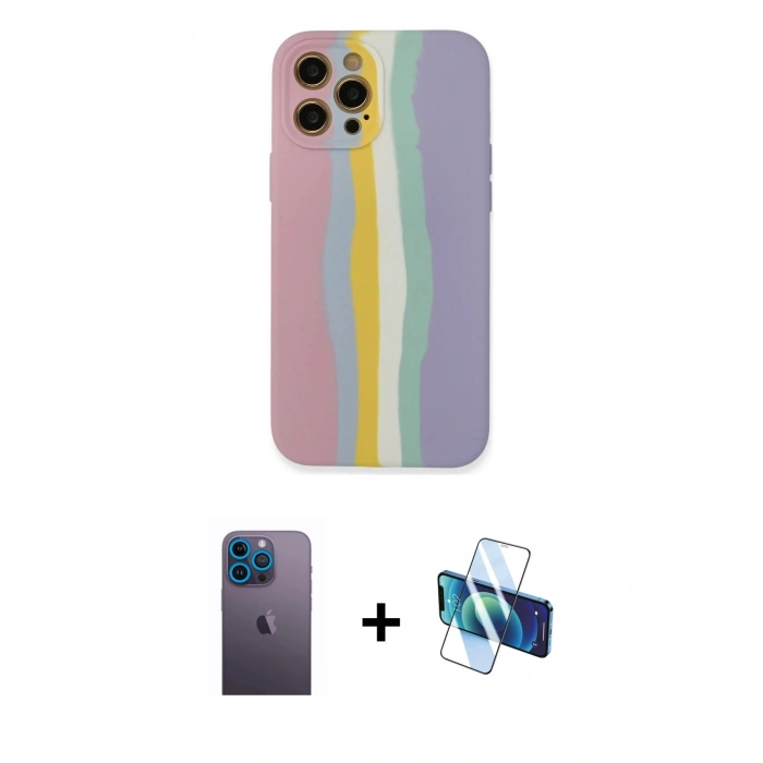 MARSİLYAN™- iPhone 12 Pro Max Kılıf Yadigar Çizgi - Siyah 3D Antistatik Cam Ekran Koruyucu + Neon Fosforlu Kamera Lens - MI