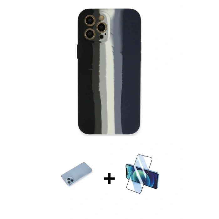 MARSİLYAN™- iPhone 12 Pro Max Kılıf Yadigar Çizgi - Siyah 3D Antistatik Cam Ekran Koruyucu + Shine Kamera Lens Koruma Cam - MI