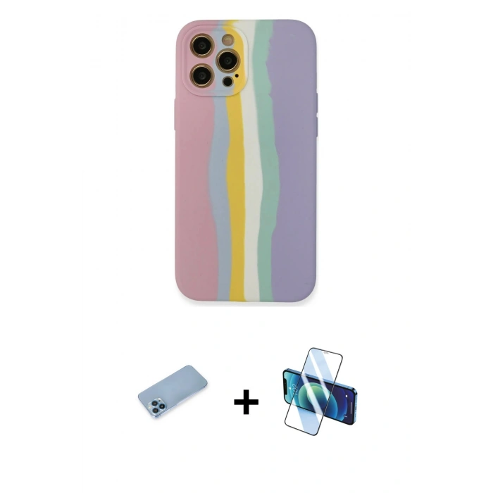 MARSİLYAN™- iPhone 12 Pro Max Kılıf Yadigar Çizgi - Siyah 3D Antistatik Cam Ekran Koruyucu + Shine Kamera Lens Koruma Cam - MI
