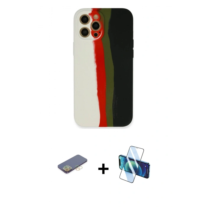 MARSİLYAN™- iPhone 12 Pro Max Kılıf Yadigar Çizgi - Siyah 3D Antistatik Cam Ekran Koruyucu + Renkli Kamera Lens Koruma Cam - SI