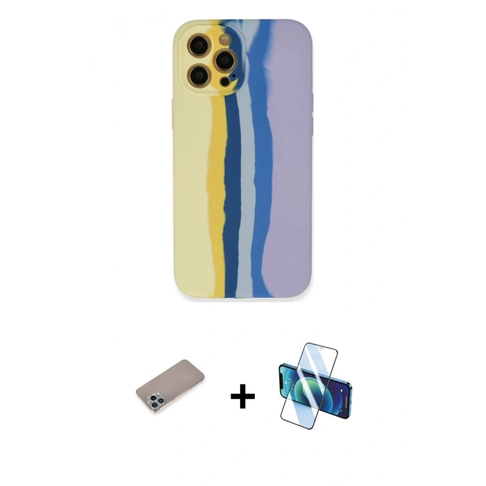 MARSİLYAN™- iPhone 12 Pro Max Kılıf Yadigar Çizgi - Siyah 3D Antistatik Cam Ekran Koruyucu + Shine Kamera Lens Koruma Cam - SABE