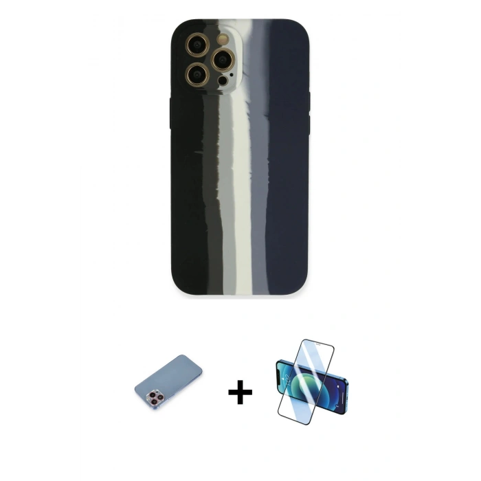 MARSİLYAN™- iPhone 12 Pro Max Kılıf Yadigar Çizgi - Siyah 3D Antistatik Cam Ekran Koruyucu + Shine Kamera Lens Koruma Cam - PE