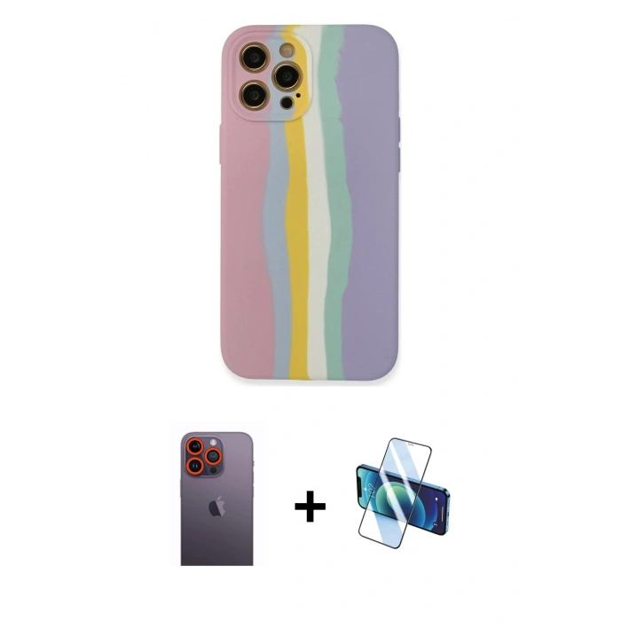 MARSİLYAN™- iPhone 12 Pro Max Kılıf Yadigar Çizgi - Siyah 3D Antistatik Cam Ekran Koruyucu + Turuncu Neon Fosforlu Kamera Lens