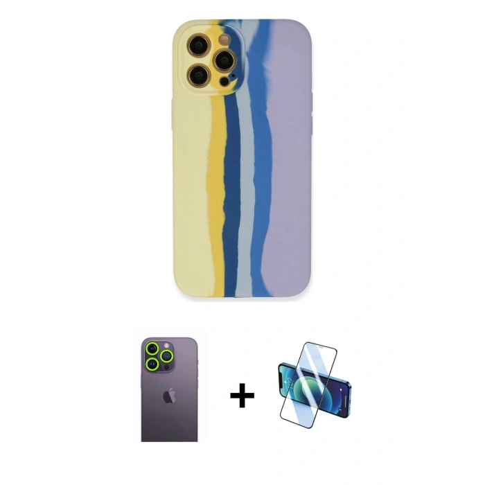 MARSİLYAN™- iPhone 12 Pro Max Kılıf Yadigar Çizgi - Siyah 3D Antistatik Cam Ekran Koruyucu + Neon Fosforlu Kamera Lens - YL