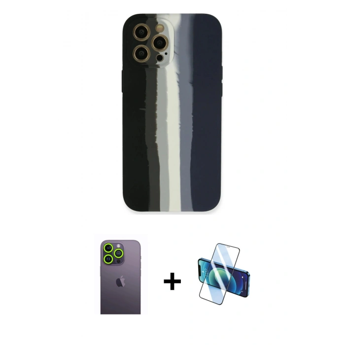 MARSİLYAN™- iPhone 12 Pro Max Kılıf Yadigar Çizgi - Siyah 3D Antistatik Cam Ekran Koruyucu + Neon Fosforlu Kamera Lens - YL