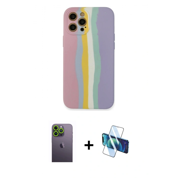 MARSİLYAN™- iPhone 12 Pro Max Kılıf Yadigar Çizgi - Siyah 3D Antistatik Cam Ekran Koruyucu + Neon Fosforlu Kamera Lens - YL