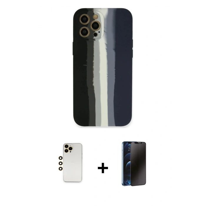 MARSİLYAN™- iPhone 12 Pro Max Kılıf Yadigar Çizgi - Siyah 3D Antistatik Hayalet Cam Ekran Koruyucu + Shine Kamera Lens - GD