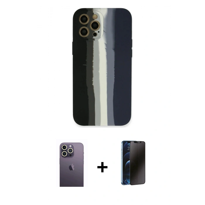 MARSİLYAN™- iPhone 12 Pro Max Kılıf Yadigar Çizgi - Siyah 3D Antistatik Hayalet Cam Ekran Koruyucu + Neon Fosforlu Kamera Lens - BZ
