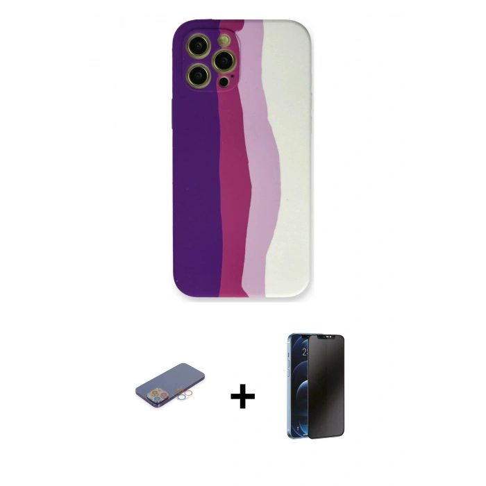 MARSİLYAN™- iPhone 12 Pro Max Kılıf Yadigar Çizgi - Siyah 3D Antistatik Hayalet Cam Ekran Koruyucu + Renkli Kamera Lens Koruma Cam - PE