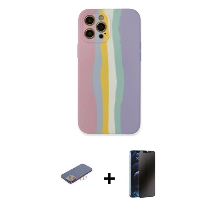 MARSİLYAN™- iPhone 12 Pro Max Kılıf Yadigar Çizgi - Siyah 3D Antistatik Hayalet Cam Ekran Koruyucu + Renkli Kamera Lens Koruma Cam - PE
