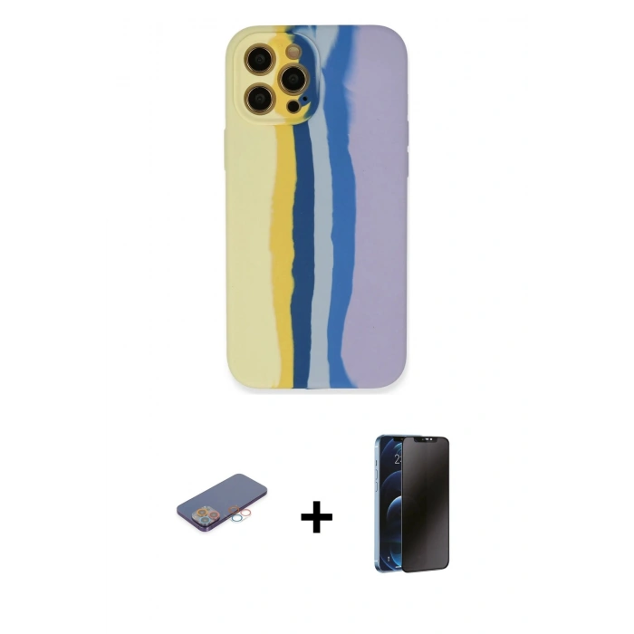 MARSİLYAN™- iPhone 12 Pro Max Kılıf Yadigar Çizgi - Siyah 3D Antistatik Hayalet Cam Ekran Koruyucu + Renkli Kamera Lens Koruma Cam - PE