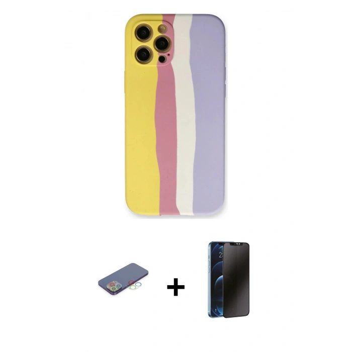 MARSİLYAN™- iPhone 12 Pro Max Kılıf Yadigar Çizgi - Siyah 3D Antistatik Hayalet Cam Ekran Koruyucu + Renkli Kamera Lens Koruma Cam - MI