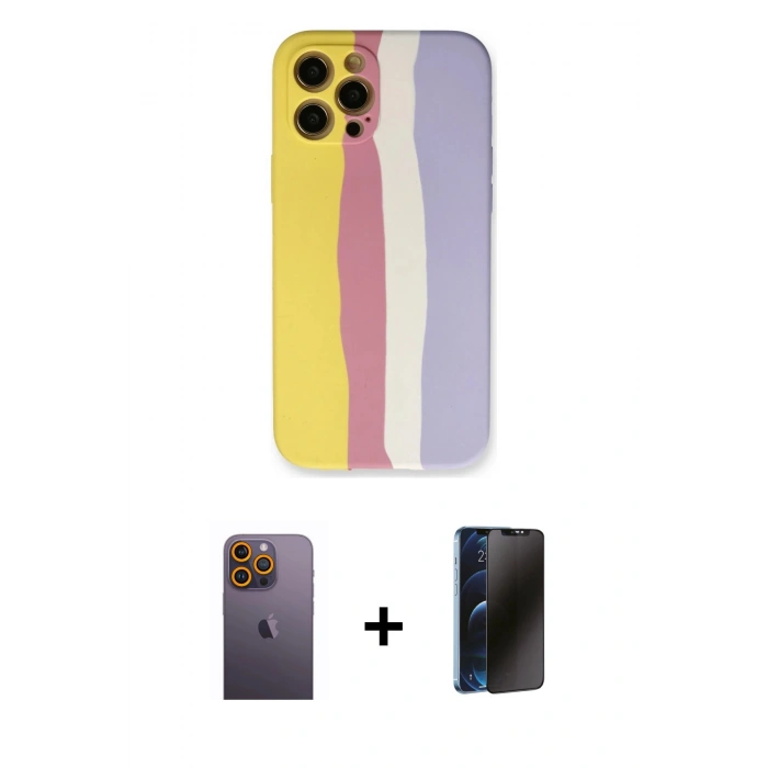 MARSİLYAN™- iPhone 12 Pro Max Kılıf Yadigar Çizgi - Siyah 3D Antistatik Hayalet Cam Ekran Koruyucu + Neon Fosforlu Kamera Lens - SI