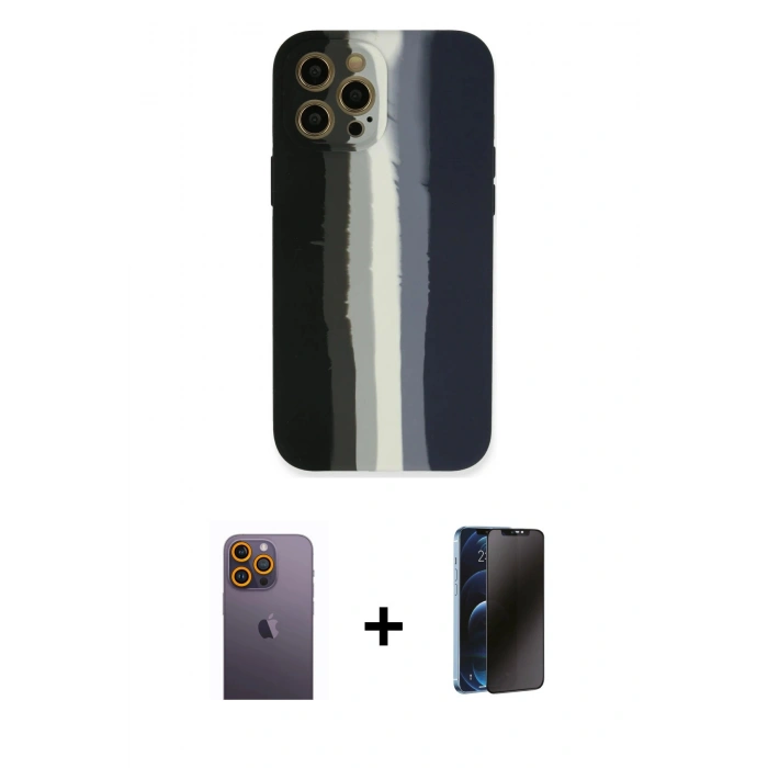 MARSİLYAN™- iPhone 12 Pro Max Kılıf Yadigar Çizgi - Siyah 3D Antistatik Hayalet Cam Ekran Koruyucu + Neon Fosforlu Kamera Lens - SI