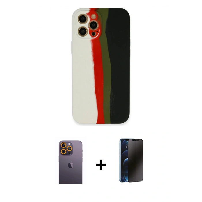 MARSİLYAN™- iPhone 12 Pro Max Kılıf Yadigar Çizgi - Siyah 3D Antistatik Hayalet Cam Ekran Koruyucu + Neon Fosforlu Kamera Lens - SI