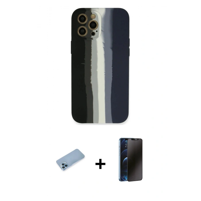 MARSİLYAN™- iPhone 12 Pro Max Kılıf Yadigar Çizgi - Siyah 3D Antistatik Hayalet Cam Ekran Koruyucu + Shine Kamera Lens Koruma Cam - MI
