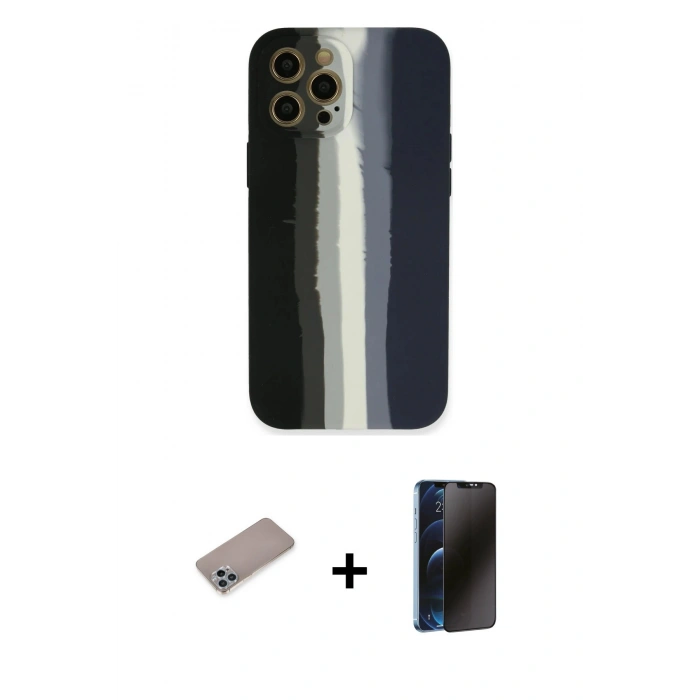 MARSİLYAN™- iPhone 12 Pro Max Kılıf Yadigar Çizgi - Siyah 3D Antistatik Hayalet Cam Ekran Koruyucu + Sierra Blue Shine Kamera Lens Koruma Cam