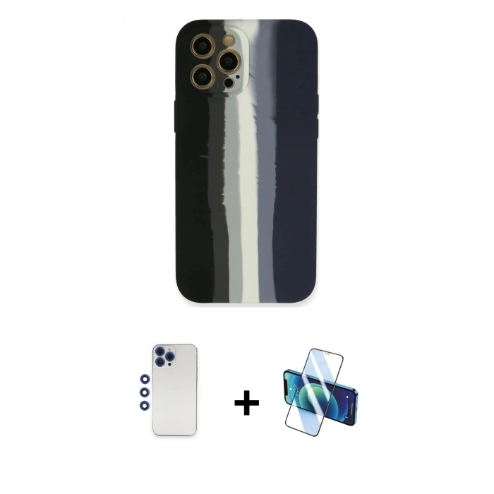 MARSİLYAN™- iPhone 12 Pro Max Kılıf Yadigar Çizgi - Siyah 3D Antistatik Seramik Nano Ekran Koruyucu + Lacivert Shine Kamera Lens