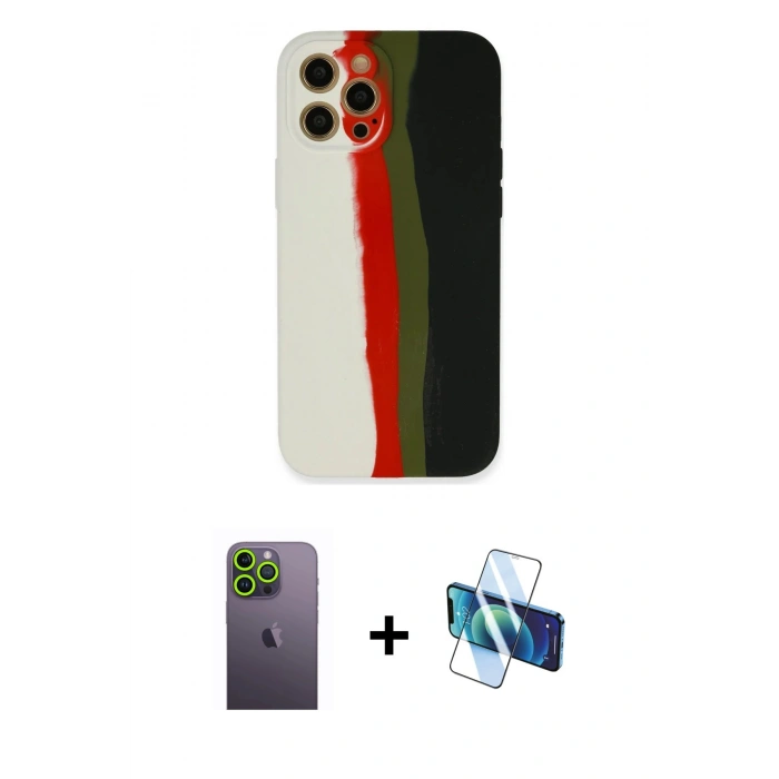 MARSİLYAN™- iPhone 12 Pro Max Kılıf Yadigar Çizgi - Siyah 3D Antistatik Seramik Nano Ekran Koruyucu + Neon Fosforlu Kamera Lens - YL