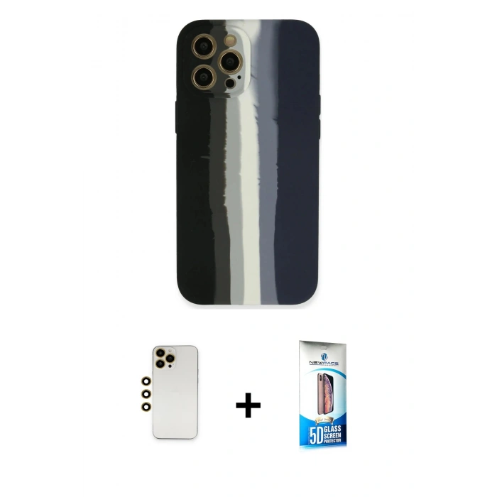MARSİLYAN™- iPhone 12 Pro Max Kılıf Yadigar Çizgi - Siyah 5D Eko Cam Ekran Koruyucu + Shine Kamera Lens - GD