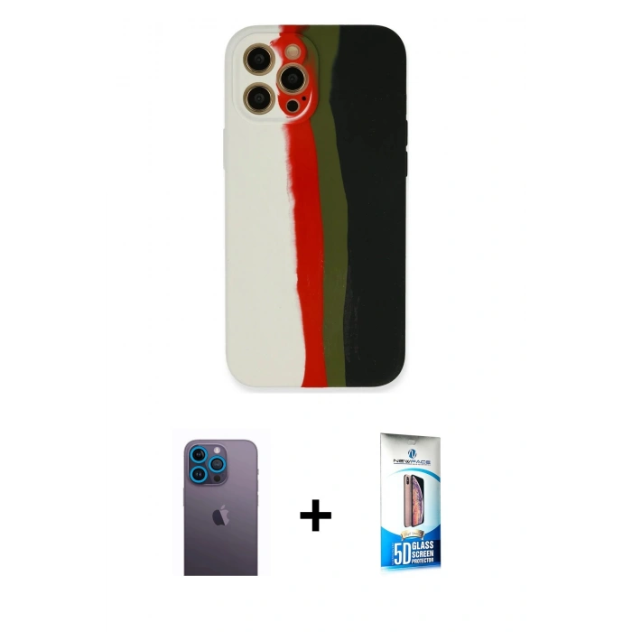 MARSİLYAN™- iPhone 12 Pro Max Kılıf Yadigar Çizgi - Siyah 5D Eko Cam Ekran Koruyucu + Neon Fosforlu Kamera Lens - MI