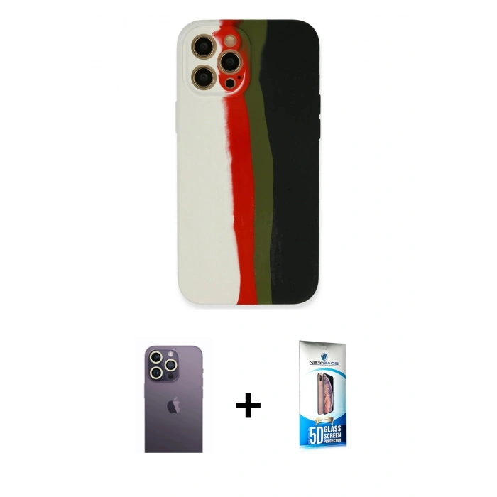 MARSİLYAN™- iPhone 12 Pro Max Kılıf Yadigar Çizgi - Siyah 5D Eko Cam Ekran Koruyucu + Neon Fosforlu Kamera Lens - BZ
