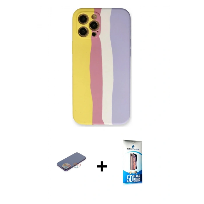 MARSİLYAN™- iPhone 12 Pro Max Kılıf Yadigar Çizgi - Siyah 5D Eko Cam Ekran Koruyucu + Renkli Kamera Lens Koruma Cam - PE