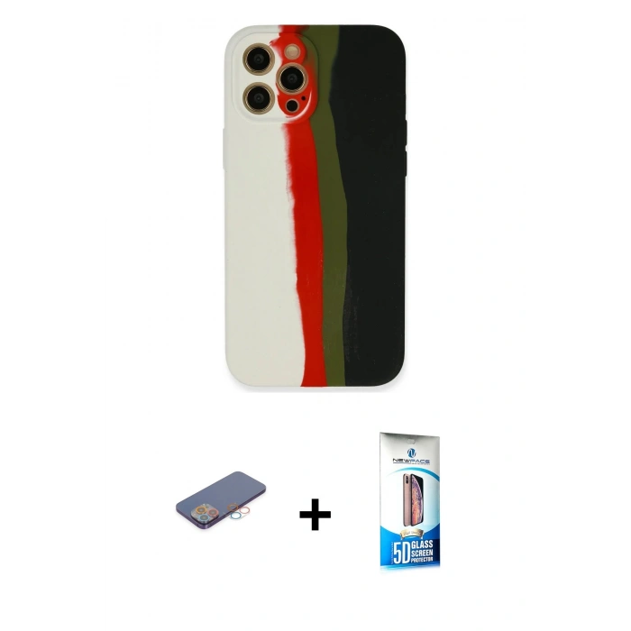 MARSİLYAN™- iPhone 12 Pro Max Kılıf Yadigar Çizgi - Siyah 5D Eko Cam Ekran Koruyucu + Renkli Kamera Lens Koruma Cam - PE