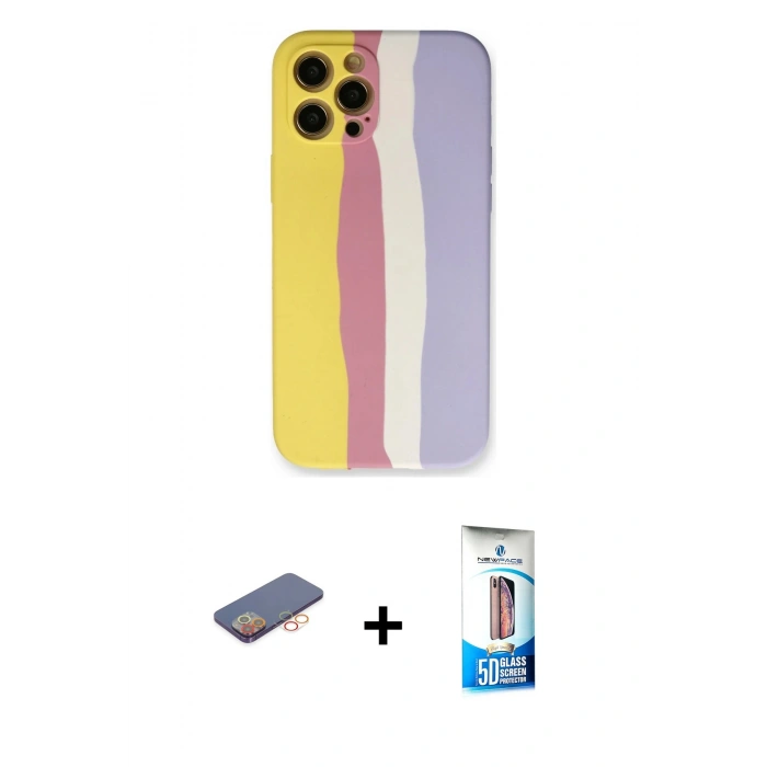 MARSİLYAN™- iPhone 12 Pro Max Kılıf Yadigar Çizgi - Siyah 5D Eko Cam Ekran Koruyucu + Renkli Kamera Lens Koruma Cam - TU